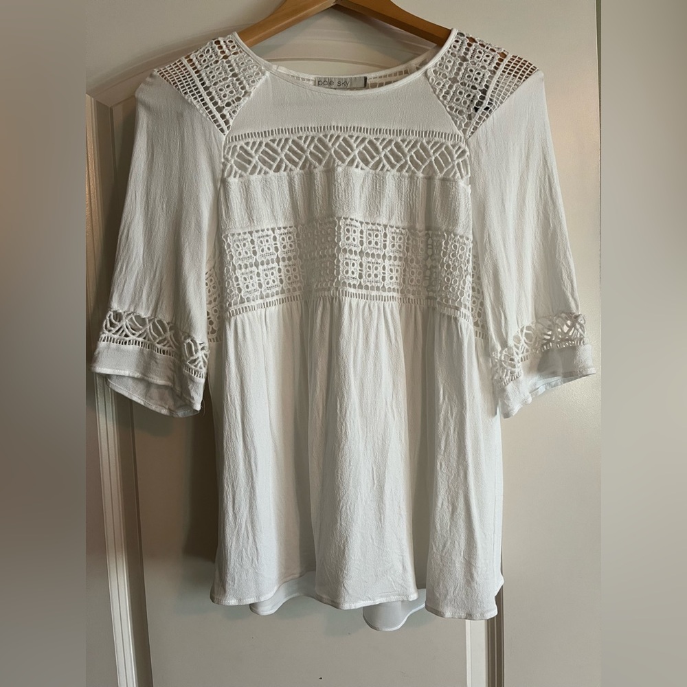 Women’s Pale Sky Bohemian Macrame Blouse. Pale Sky. Size Medium